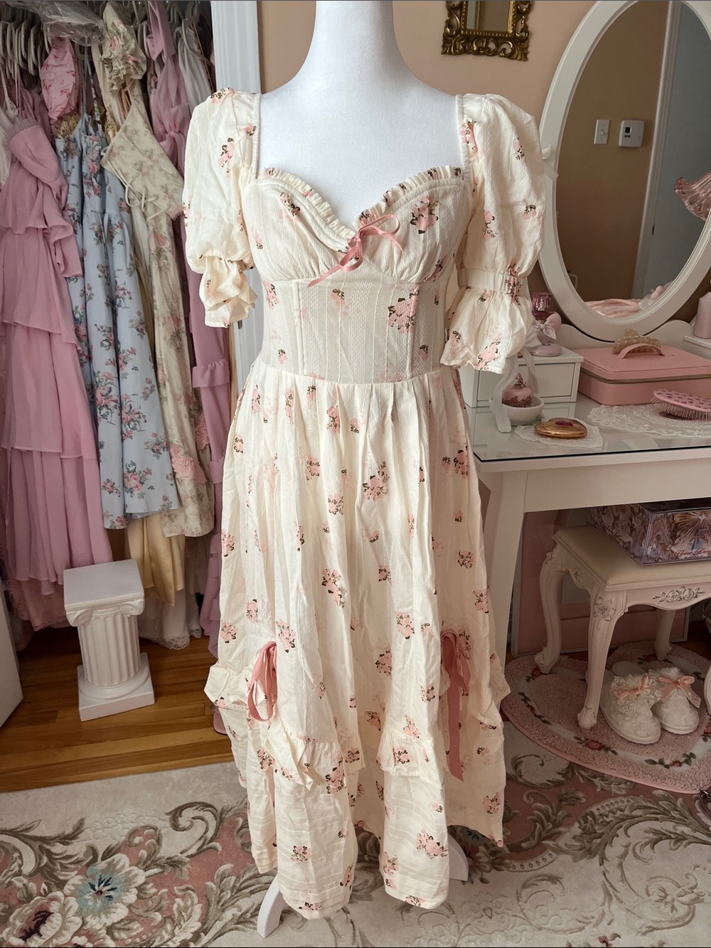 Cream Floral Maxi Dress with Pink Accents and Puff Sleeves